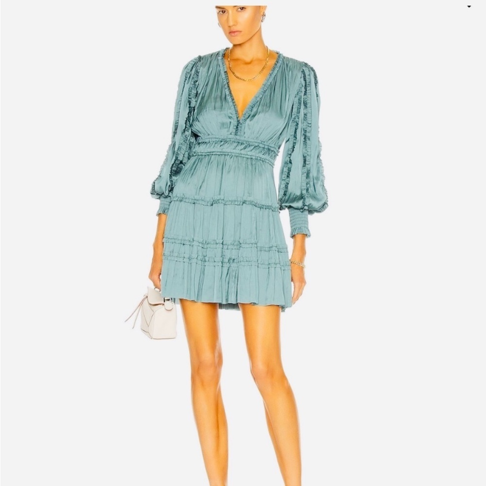 Ulla Johnson Gemma Teal Satin Long Sleeve Mini Dress